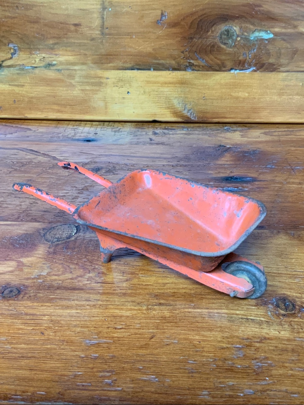 🌸 Vintage 30’s Orange Wyandotte 9” Pressed Metal Toy Wheelbarrow